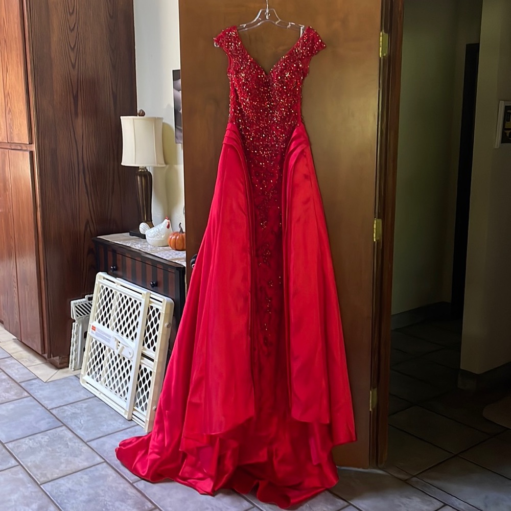 Tony Bowls Red pageant prom gown with long overskirt. Size 2